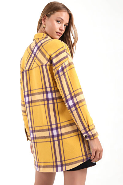 armonika Women's Yellow Men's Collar Oversize Jacket with Slits on the Sides Arm-26K001009