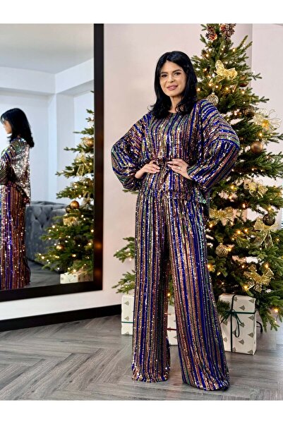 RAMONA BADESCU EXCLUSIVE Women's Two-Piece Suit with Multicolored Sequins and Wide Leg Pants