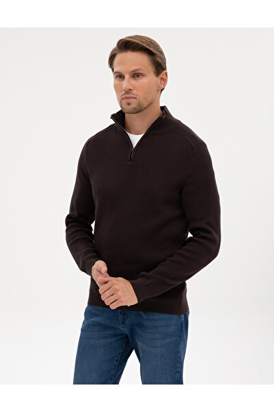 Pierre Cardin Dark Brown Slim Fit Stand Collar Zippered Knitwear Sweater 50315732-Vr084