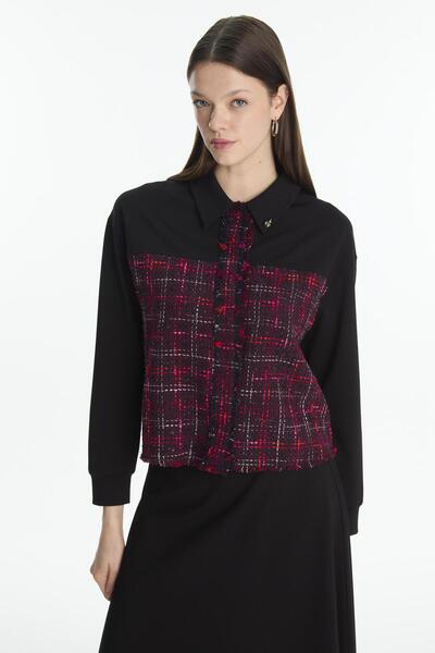 Zühre Tweed Patterned Brooch Plum Double Set Tk-1699