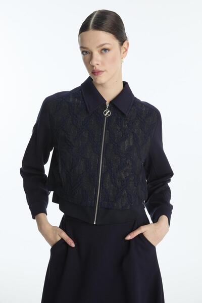 Zühre Patterned Zippered Jacket Skirt Navy Blue Double Suit Tk-1710