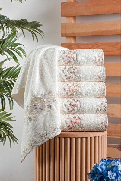 Fiesta Dantel Oyma Nakışlı Krem Bambu Havlu 50X90 (6 Adet)