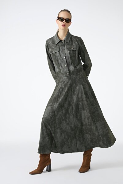 Zühre Gömlek Yaka Düğmeli Ceket Etek Haki İkili Takım TK-1705