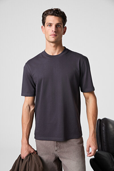 GRIMELANGE Solo Men's 100% Organic Cotton Thick Textured Comfort Fit Crew Neck Smoked T-Shirt