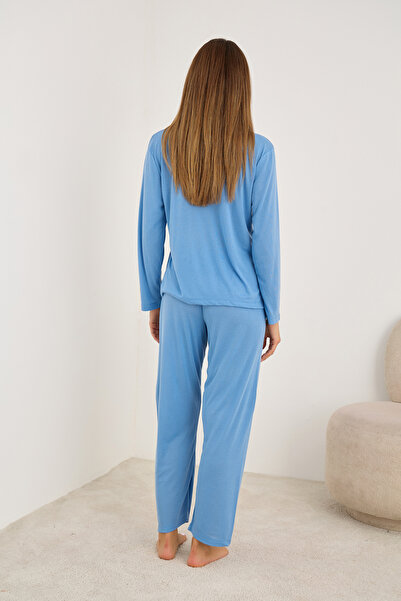 Siyah İnci Синій V-подібний комір М'який трикотажний піжамний комплект7942