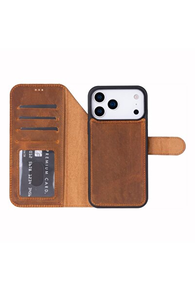 PLM Apple iPhone 17 Pro Max için, Hakiki Deri, El Yapımı Cüzdanlı Kılıf, Magsafe ile uyumlu, İç Yüzeyi K