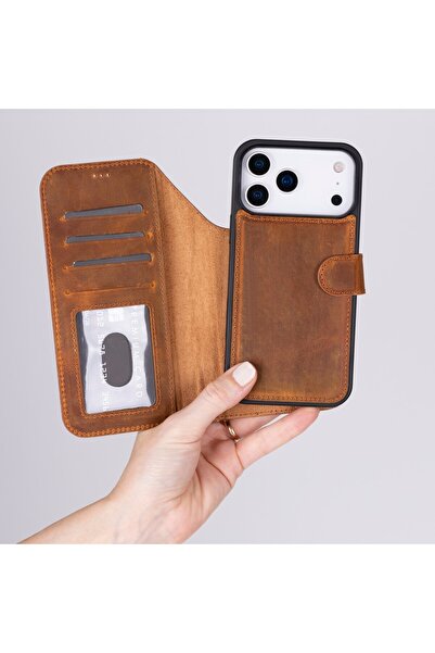 PLM Apple iPhone 17 Pro Max için, Hakiki Deri, El Yapımı Cüzdanlı Kılıf, Magsafe ile uyumlu, İç Yüzeyi K
