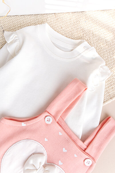 Babymod Heart Patterned Bow Baby Girl Jumpsuit Salopet Set