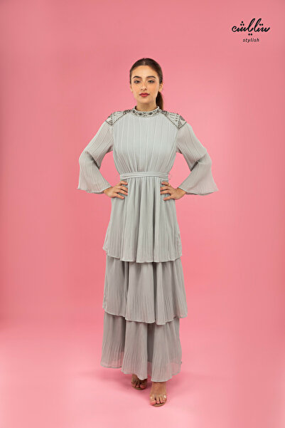 Stylish Elegant high neck chiffon pleated dress in gray