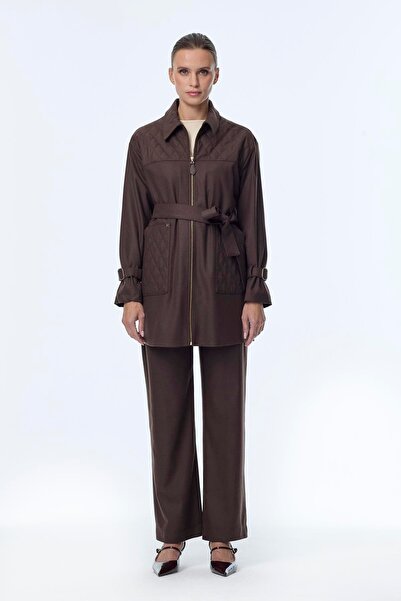 Zühre Zipper and Belt Detail Jacket Pants Double Brown Set Tk-1634