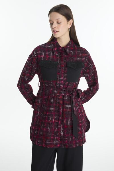 Zühre Tweed Patterned Belted Plum Double Suit Tk-1704