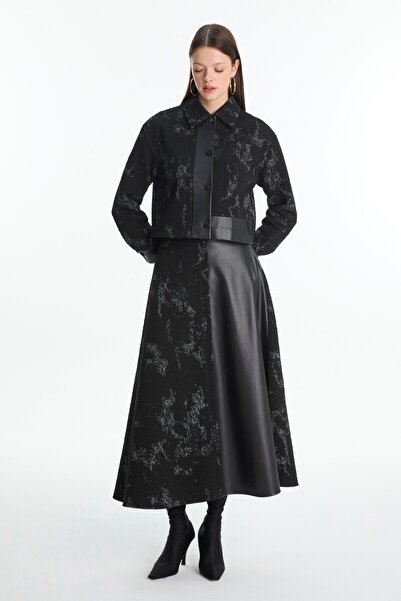 Zühre Jacquard Patterned Leather Detailed Black Double Suit Tk-1657