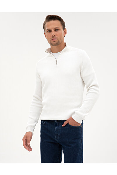 Pierre Cardin Ecru Slim Fit Stand Collar Zippered Knitwear Sweater 50315732-Vr019