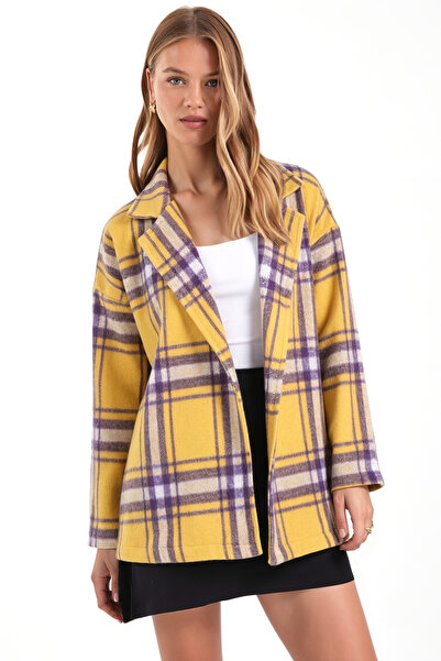 armonika Women's Yellow Men's Collar Oversize Jacket with Slits on the Sides Arm-26K001009