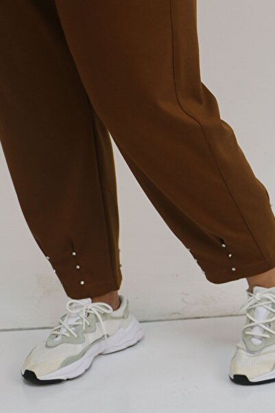 Eslina 59027 Plus Size Pearl Embellished Modal Pants - Tan