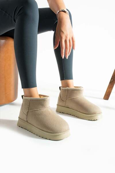 Mustafa SEVEN Yüksek Mini Classic Süet Tüylü Kadın Bot - Bej