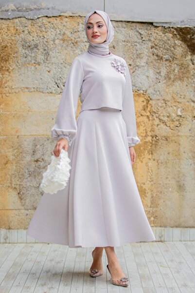 Tesettür Çarşım Yaka Çiçekli Puf Dalgıç Etekli Takım-AçıkGri