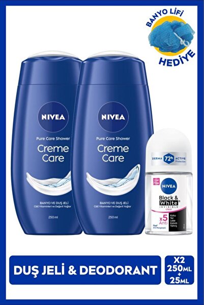 NIVEA Kadın Roll-on Deodorant Black&White Invisible Clear 25ml ve Creme Care Duş Jeli X2 Adet, Lif H