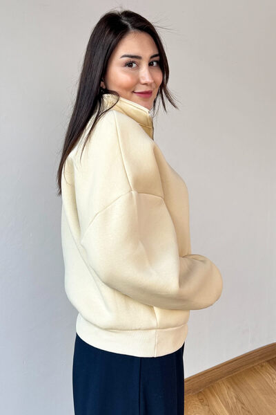Cappmoda Swt-1870 Cream Half Zip High Collar Basic Sweatshirt
