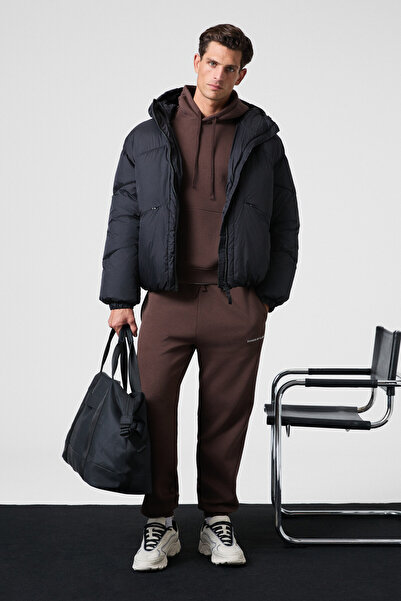 GRIMELANGE MARSHALLHOODIE Мъжки памучен спортен екип с подплата от флис и бродерия, в кафяво