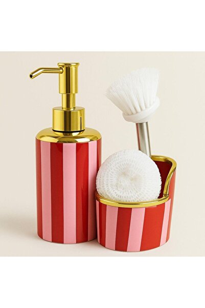 Hayveys Porcelain Liquid Soap Dispenser with Brush and Compartment for Detergent, Burgundy Gold