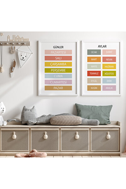Eğitici Tablolar - Günler ve Aylar - Doğal Ahşap Çerçeveli, Bebek Ve Çocuk Odası Tablo Seti