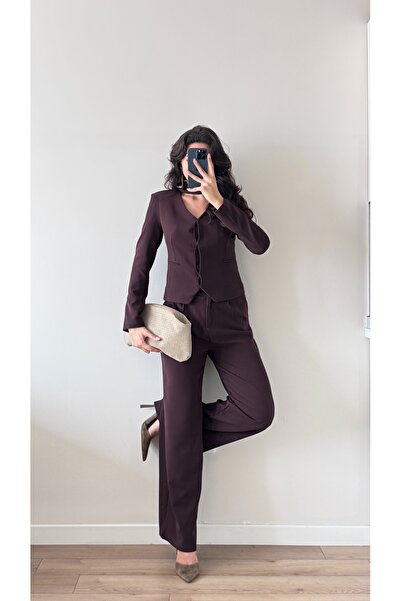 LOCH BUTİK Women's Brown Shawl Pants Jacket Two-Piece Set