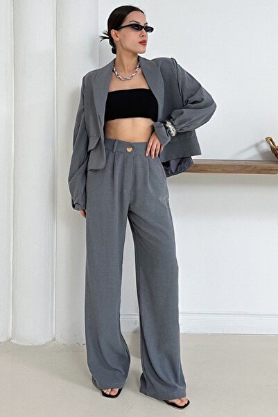 VAGGON Women's Gray Pocket Accessory Crop Lined Jacket and Double Pocket Pants Set Vs01254