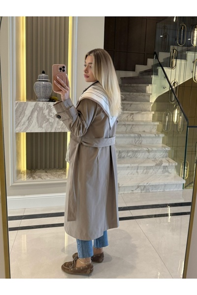 My Blog Khaki Long Trench Coat with Scarf - 7535