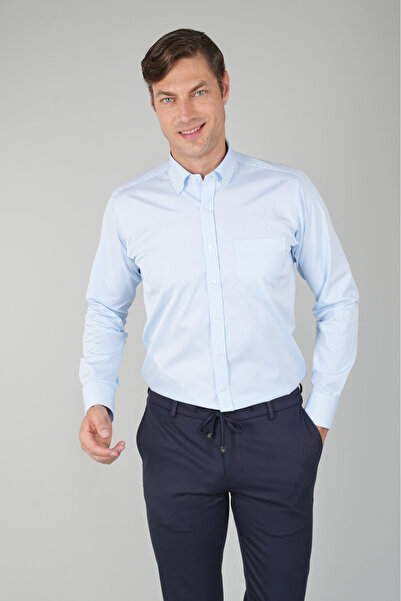 Bisse Erkek Uzun Kollu Mavi Çizgili Pamuk Gömlek