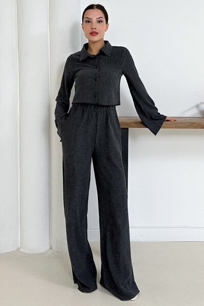 VAGGON Women's Anthracite Wide Sleeve Crop Shirt and Elastic Waist Trousers Ribbed Suit Vs01256