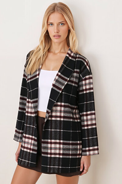 armonika Women's Black-Beige Men's Collar Oversize Jacket with Slits on the Sides Arm-26K001009