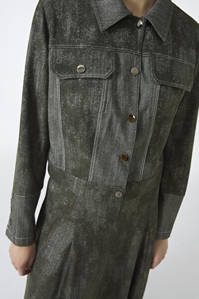 Zühre Gömlek Yaka Düğmeli Ceket Etek Haki İkili Takım TK-1705