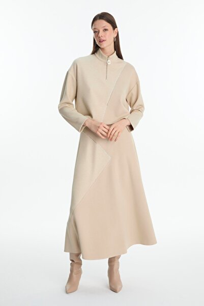 Zühre Stand Collar Color Block Beige Double Suit Tk-1180