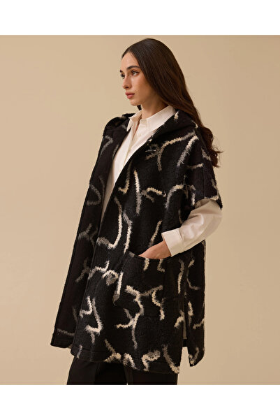 SEÇİL Patterned Hooded Poncho with Pocket Detail