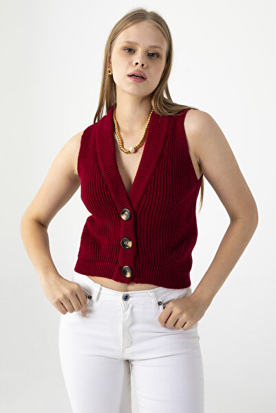GİYSA Women's V-Neck Button-Up Knit Vest Burgundy - 25K 2210