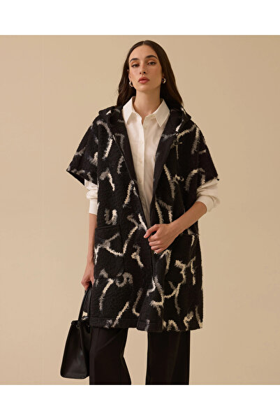 SEÇİL Patterned Hooded Poncho with Pocket Detail