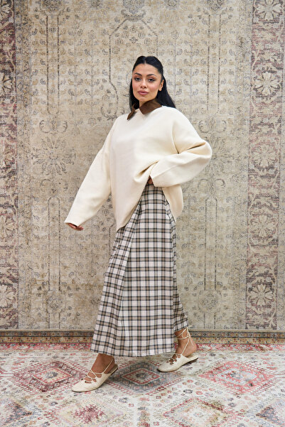KÜÇÜĞÜM BUTİK Cream Brown Plaid Pleated Skirt