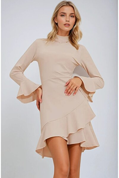 OLSAMODA Γυναικείο φόρεμα με φούστα με μισό λαιμόκοψη και ισπανικό μανίκι από ελαστικό ύφασμα