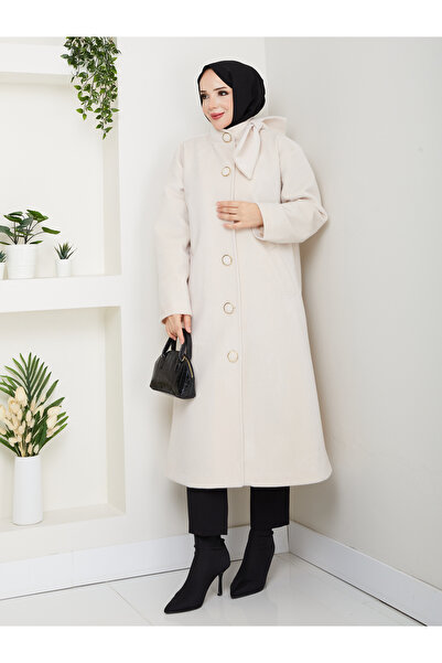 KMKkombin Women's Buttoned Bow-Tie Model Foks Fabric Stylish Cardigan Coat