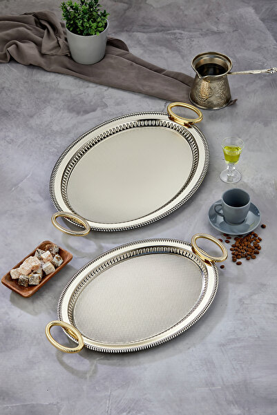 Cooker Special Series Oval Model Luxury Metal 2-Piece Presentation Tray, Tea Tray, Engagement Tray (37X28 and 44X33 cm)