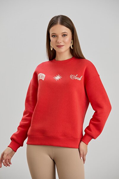 Sortie Women's Pomegranate Color Sun Printed Crew Neck Midi Length Three Thread Sweatshirt