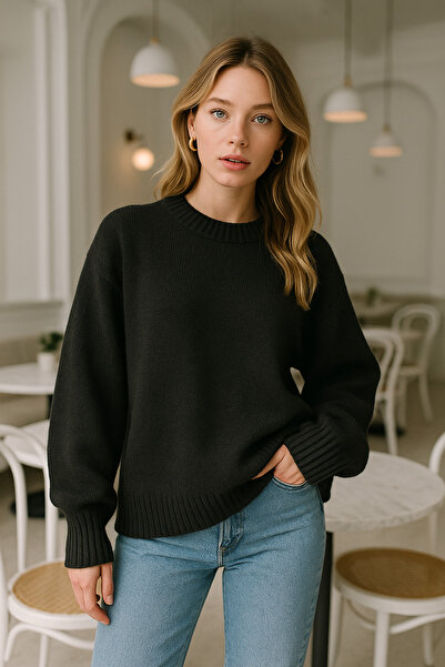 Rich Pulover negru oversize pentru femei, cu gâtul rotund