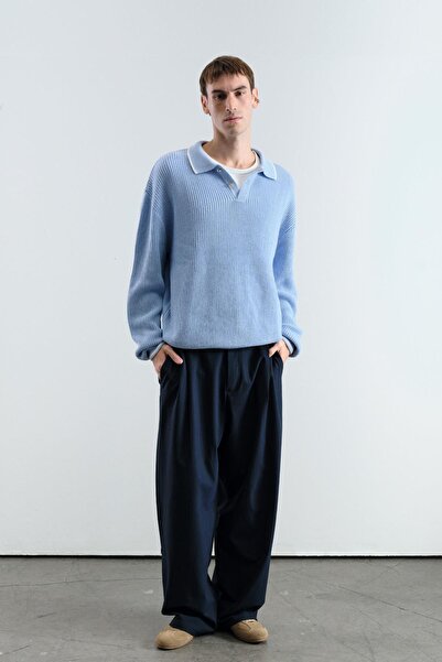 GIESTO Gold Buttoned Contrast Striped Polo Neck Blue Sweater