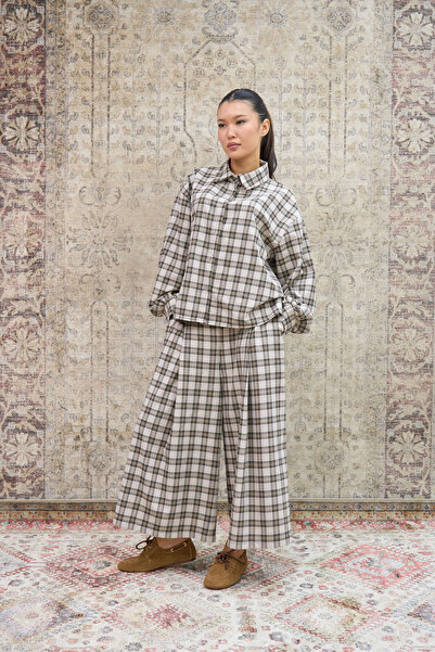 KÜÇÜĞÜM BUTİK Cream Brown Cotton Plaid Pleated Trousers