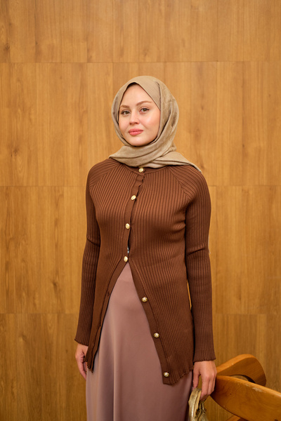 LOCCO Γυναικεία ζακέτα με ανάγλυφη λεπτομέρεια σε καφέ χρώμα