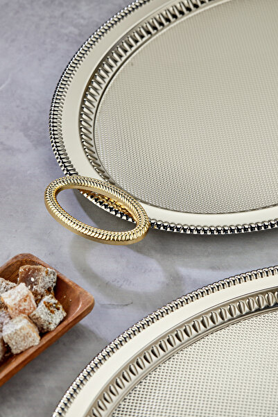 Cooker Special Series Oval Model Luxury Metal 2-Piece Presentation Tray, Tea Tray, Engagement Tray (37X28 and 44X33 cm)