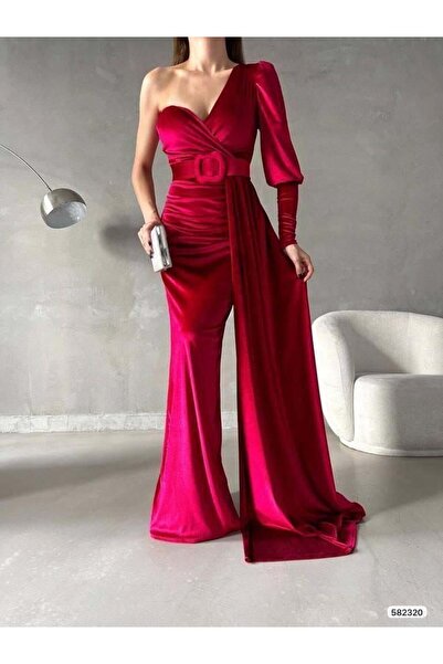 Modafeminen Tek Omuz Kemerli Maxi Boy Kadife Kumaş Abiye Elbise 582320 KIRMIZI