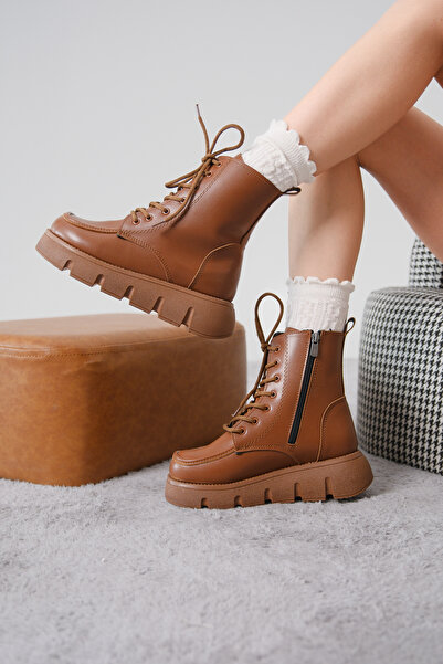 Moda Değirmeni Γυναικείες μπότες με χοντρή σόλα με κορδόνια και φερμουάρ MD1001-116-0013