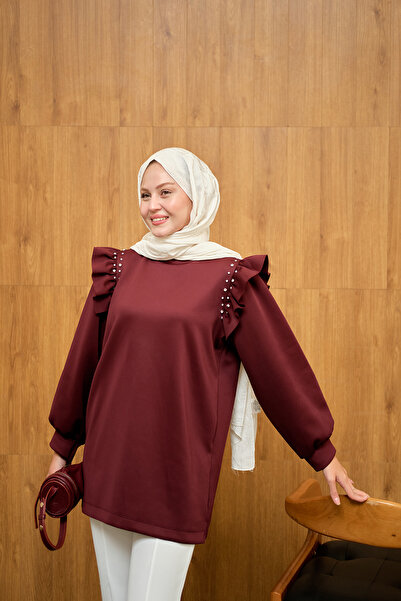 LOCCO Γυναικείο Τούνικ με Πέτρες με Λεπτομέρεια Ρούχο Βουργουνδίας